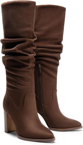 DREAM PAIRS Women's Knee High Boots Pointed Toe Chunky Block Heel Suede Boots Comfortable for Women with Side Zipper Pull on Fashion Slouchy Boots in Saudi Arabia