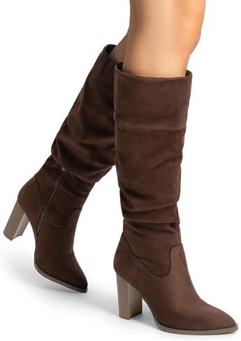 DREAM PAIRS Women's Knee High Boots Pointed Toe Chunky Block Heel Suede Boots Comfortable for Women with Side Zipper Pull on Fashion Slouchy Boots in Saudi Arabia