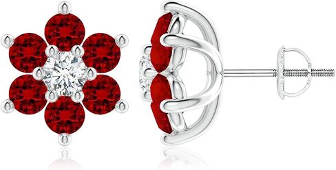 ANGARA Lab Grown Six Petal Ruby and Lab Diamond Flower Stud Earrings in 14K Solid Gold/Platinum | Birthday, Engagement, Anniversary, Wedding Jewelry Gift for Women in Saudi Arabia