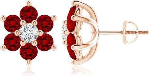 ANGARA Lab Grown Six Petal Ruby and Lab Diamond Flower Stud Earrings in 14K Solid Gold/Platinum | Birthday, Engagement, Anniversary, Wedding Jewelry Gift for Women in Saudi Arabia