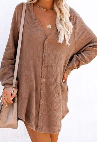 اللون الوردي كوين المرأة الخامس الأكمام طويلة الأكمام لأسفل قميص تونك قميص صغير مع جيوب in Kuwait