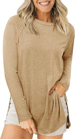 جرس Cicy Womens Long Sleeve Tunic Tups Side Side Crew Neck Eversize Terts Fall Fall Dis Croos in Saudi Arabia