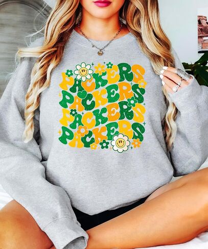Olive Loves Apple Groovy Floral Packers Sweatshirt Cute Girly Green and Yellow Team Pride Pullover in Saudi Arabia