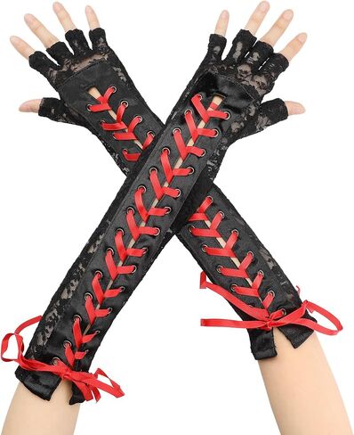 Women's Lace Up Half Finger Gloves Lace Elbow Length Arm Warmers in Kuwait