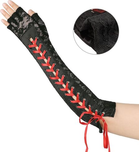 Women's Lace Up Half Finger Gloves Lace Elbow Length Arm Warmers in Kuwait
