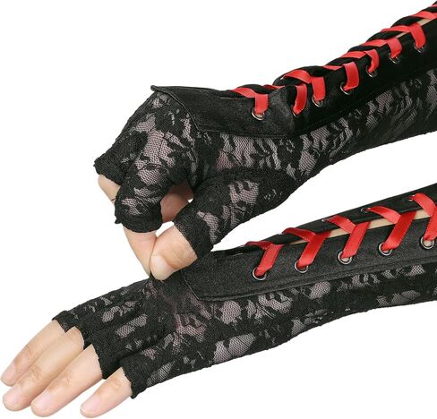 Women's Lace Up Half Finger Gloves Lace Elbow Length Arm Warmers in Kuwait
