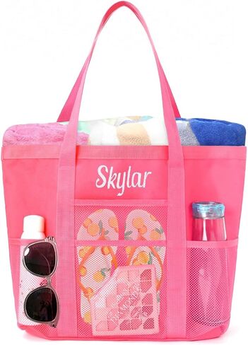 Personalized Beach Tote Bag for Women Custom Embroidered Name Large Mesh Sandproof Swim Bag, Foldable Travel Tote in Kuwait