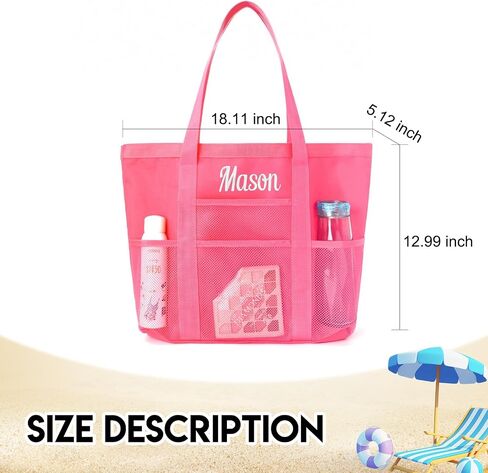 Personalized Beach Tote Bag for Women Custom Embroidered Name Large Mesh Sandproof Swim Bag, Foldable Travel Tote in Kuwait