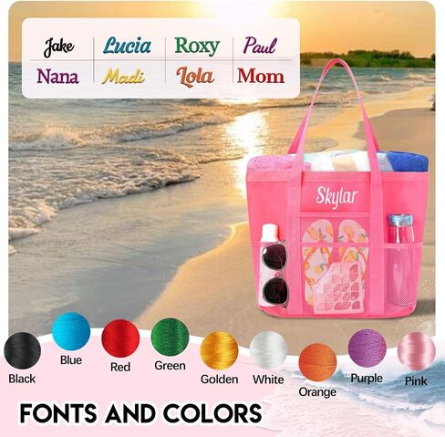 Personalized Beach Tote Bag for Women Custom Embroidered Name Large Mesh Sandproof Swim Bag, Foldable Travel Tote in Kuwait