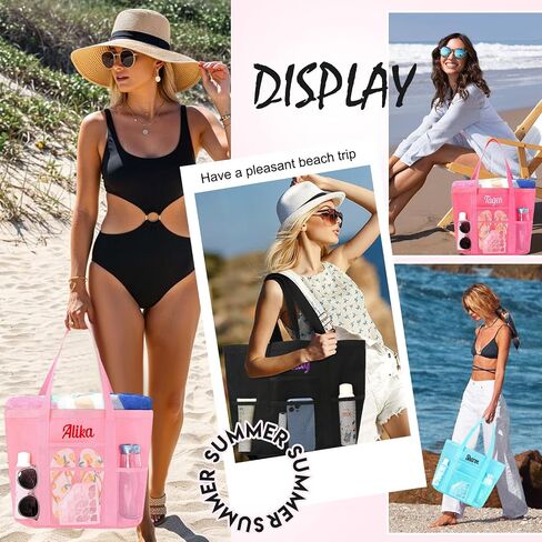 Personalized Beach Tote Bag for Women Custom Embroidered Name Large Mesh Sandproof Swim Bag, Foldable Travel Tote in Kuwait