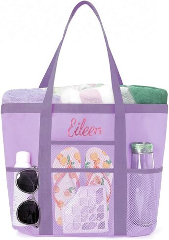 Personalized Beach Tote Bag for Women Custom Embroidered Name Large Mesh Sandproof Swim Bag, Foldable Travel Tote in Kuwait