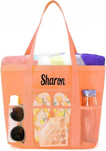 Personalized Beach Tote Bag for Women Custom Embroidered Name Large Mesh Sandproof Swim Bag, Foldable Travel Tote in Kuwait