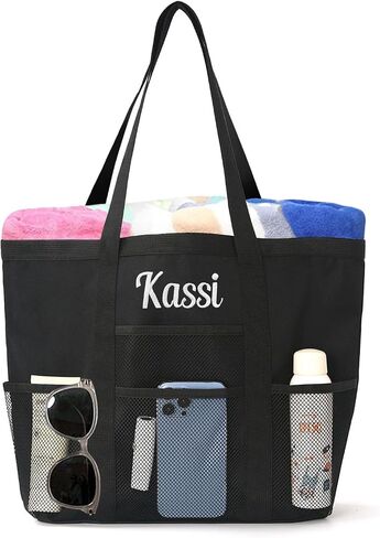 Personalized Beach Tote Bag for Women Custom Embroidered Name Large Mesh Sandproof Swim Bag, Foldable Travel Tote in Kuwait