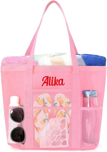 Personalized Beach Tote Bag for Women Custom Embroidered Name Large Mesh Sandproof Swim Bag, Foldable Travel Tote in Kuwait