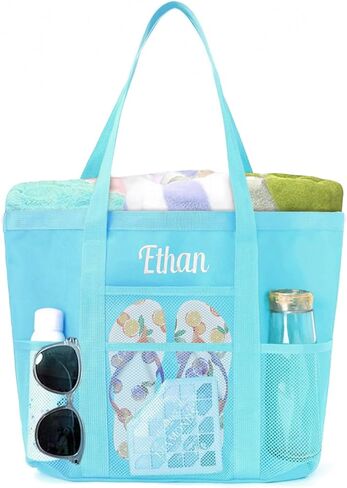Personalized Beach Tote Bag for Women Custom Embroidered Name Large Mesh Sandproof Swim Bag, Foldable Travel Tote in Kuwait
