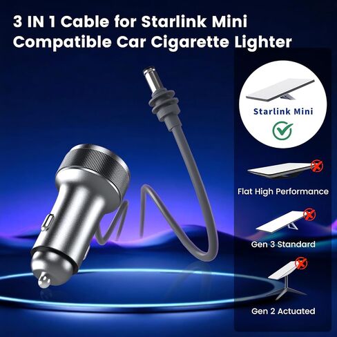 Cable Mini Cable 3M/10ft ، Goldusk 12V-24V Starlink Mini Car Charger مع 3 موانئ شحن ، سلك الطاقة الأخف في السجائر مع محولات DC5525 DC7909 لمحطات الطاقة لتخزين الطاقة in Kuwait