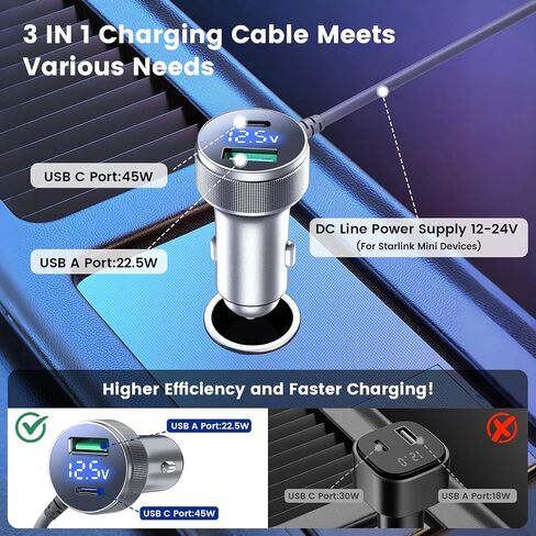 Cable Mini Cable 3M/10ft ، Goldusk 12V-24V Starlink Mini Car Charger مع 3 موانئ شحن ، سلك الطاقة الأخف في السجائر مع محولات DC5525 DC7909 لمحطات الطاقة لتخزين الطاقة in Kuwait