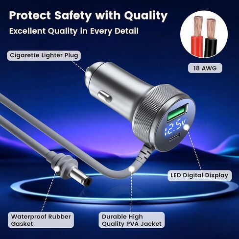 Cable Mini Cable 3M/10ft ، Goldusk 12V-24V Starlink Mini Car Charger مع 3 موانئ شحن ، سلك الطاقة الأخف في السجائر مع محولات DC5525 DC7909 لمحطات الطاقة لتخزين الطاقة in Kuwait