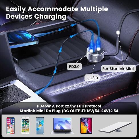 Cable Mini Cable 3M/10ft ، Goldusk 12V-24V Starlink Mini Car Charger مع 3 موانئ شحن ، سلك الطاقة الأخف في السجائر مع محولات DC5525 DC7909 لمحطات الطاقة لتخزين الطاقة in Kuwait