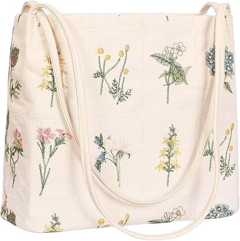Floral Tote Bag for Women, Small Embroidered Aesthetic Purse, Reusable Canvas Shoulder Bag Cute Crossbody Casual Bucket Bag in Saudi Arabia
