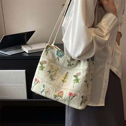 Floral Tote Bag for Women, Small Embroidered Aesthetic Purse, Reusable Canvas Shoulder Bag Cute Crossbody Casual Bucket Bag in Saudi Arabia