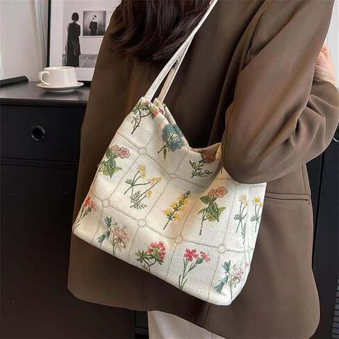 Floral Tote Bag for Women, Small Embroidered Aesthetic Purse, Reusable Canvas Shoulder Bag Cute Crossbody Casual Bucket Bag in Saudi Arabia