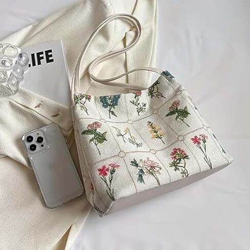 Floral Tote Bag for Women, Small Embroidered Aesthetic Purse, Reusable Canvas Shoulder Bag Cute Crossbody Casual Bucket Bag in Saudi Arabia