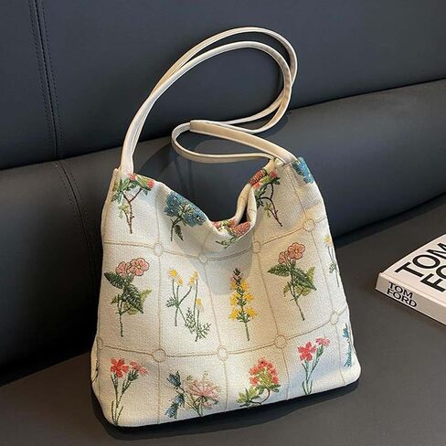 Floral Tote Bag for Women, Small Embroidered Aesthetic Purse, Reusable Canvas Shoulder Bag Cute Crossbody Casual Bucket Bag in Saudi Arabia
