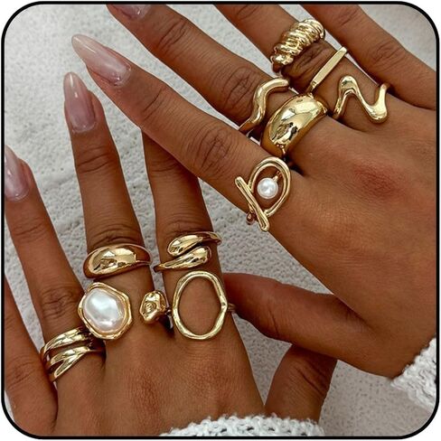 Vintage Statement Ring Set Gold-Tone Chunky Knuckle Rings with Baroque Pearl Butterfly and Flower Design Open Band Stackable Mid Rings for Women in Kuwait