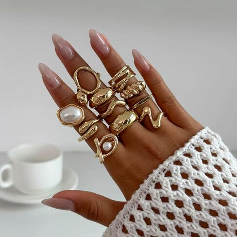Vintage Statement Ring Set Gold-Tone Chunky Knuckle Rings with Baroque Pearl Butterfly and Flower Design Open Band Stackable Mid Rings for Women in Kuwait