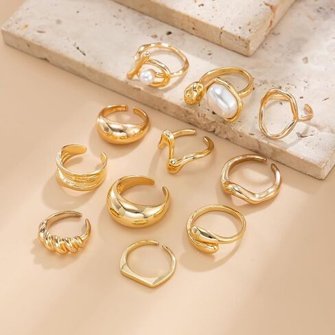 Vintage Statement Ring Set Gold-Tone Chunky Knuckle Rings with Baroque Pearl Butterfly and Flower Design Open Band Stackable Mid Rings for Women in Kuwait