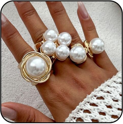 Vintage Statement Ring Set Gold-Tone Chunky Knuckle Rings with Baroque Pearl Butterfly and Flower Design Open Band Stackable Mid Rings for Women in Kuwait