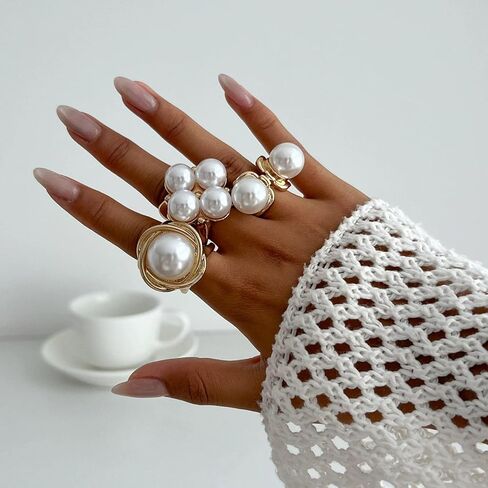Vintage Statement Ring Set Gold-Tone Chunky Knuckle Rings with Baroque Pearl Butterfly and Flower Design Open Band Stackable Mid Rings for Women in Kuwait