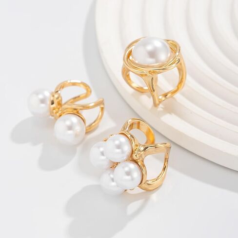 Vintage Statement Ring Set Gold-Tone Chunky Knuckle Rings with Baroque Pearl Butterfly and Flower Design Open Band Stackable Mid Rings for Women in Kuwait