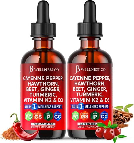 Cayenne Pepper Supplement Liquid Drops + Hawthorn Berry, Vitamin D3 K2 Beet Root Powder, Ceylon Cinnamon, Turmeric Curcumin, Organic Panax Ginseng - 2oz in Kuwait
