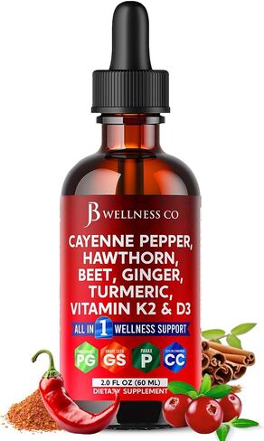 Cayenne Pepper Supplement Liquid Drops + Hawthorn Berry, Vitamin D3 K2 Beet Root Powder, Ceylon Cinnamon, Turmeric Curcumin, Organic Panax Ginseng - 4oz in Saudi Arabia