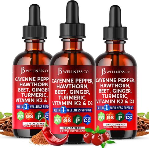 Cayenne Pepper Supplement Liquid Drops + Hawthorn Berry, Vitamin D3 K2 Beet Root Powder, Ceylon Cinnamon, Turmeric Curcumin, Organic Panax Ginseng - 4oz in Saudi Arabia