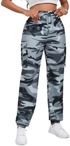Women's Camouflage Multi-Pocket Cargo Pants - Casual Camo Print with Side Tie and Flap Pockets, Zipper Fly Closure in Saudi Arabia