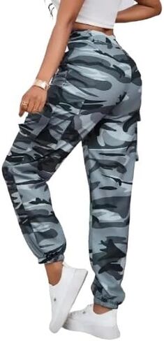 Women's Camouflage Multi-Pocket Cargo Pants - Casual Camo Print with Side Tie and Flap Pockets, Zipper Fly Closure in Saudi Arabia