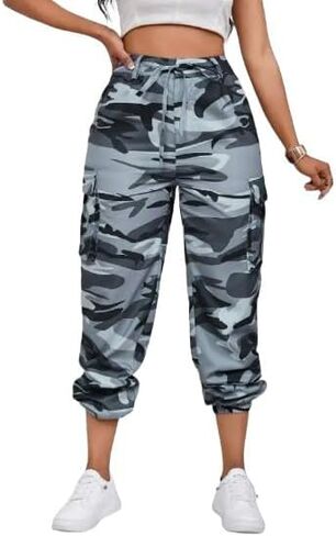 Women's Camouflage Multi-Pocket Cargo Pants - Casual Camo Print with Side Tie and Flap Pockets, Zipper Fly Closure in Saudi Arabia