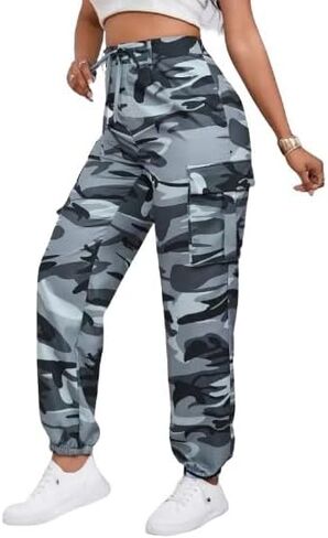 Women's Camouflage Multi-Pocket Cargo Pants - Casual Camo Print with Side Tie and Flap Pockets, Zipper Fly Closure in Saudi Arabia