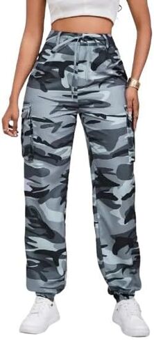 Women's Camouflage Multi-Pocket Cargo Pants - Casual Camo Print with Side Tie and Flap Pockets, Zipper Fly Closure in Saudi Arabia