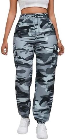 Women's Camouflage Multi-Pocket Cargo Pants - Casual Camo Print with Side Tie and Flap Pockets, Zipper Fly Closure in Saudi Arabia