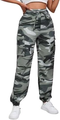 Women's Camouflage Multi-Pocket Cargo Pants - Casual Camo Print with Side Tie and Flap Pockets, Zipper Fly Closure in Saudi Arabia