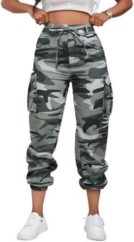 Women's Camouflage Multi-Pocket Cargo Pants - Casual Camo Print with Side Tie and Flap Pockets, Zipper Fly Closure in Saudi Arabia