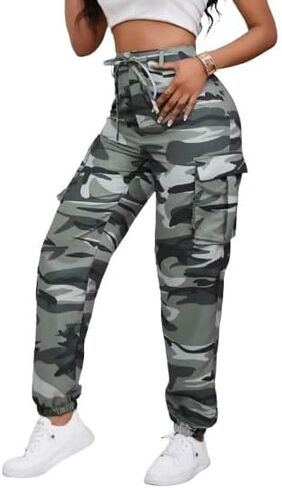 Women's Camouflage Multi-Pocket Cargo Pants - Casual Camo Print with Side Tie and Flap Pockets, Zipper Fly Closure in Saudi Arabia