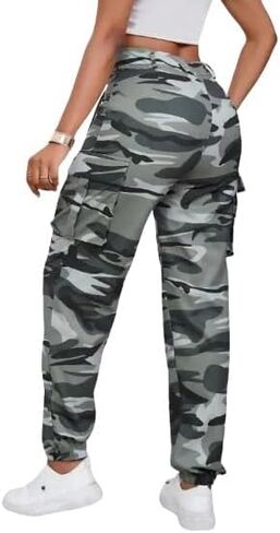Women's Camouflage Multi-Pocket Cargo Pants - Casual Camo Print with Side Tie and Flap Pockets, Zipper Fly Closure in Saudi Arabia