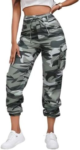 Women's Camouflage Multi-Pocket Cargo Pants - Casual Camo Print with Side Tie and Flap Pockets, Zipper Fly Closure in Saudi Arabia