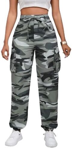 Women's Camouflage Multi-Pocket Cargo Pants - Casual Camo Print with Side Tie and Flap Pockets, Zipper Fly Closure in Saudi Arabia