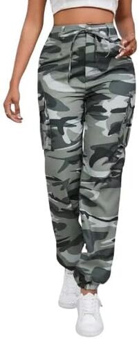 Women's Camouflage Multi-Pocket Cargo Pants - Casual Camo Print with Side Tie and Flap Pockets, Zipper Fly Closure in Saudi Arabia